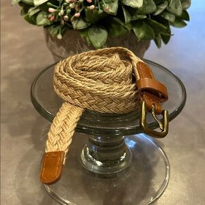 Braided Tan Jute thin Belt with Brown Leather trim brushed bronze buckle